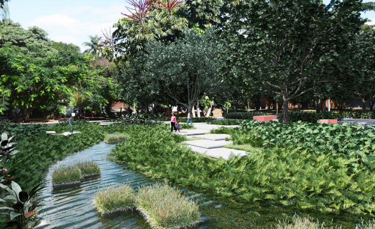 Projeto com aplicação de Soluções Baseadas na Natureza para a Praça Gastão Vidigal. Ilustração: Guajava